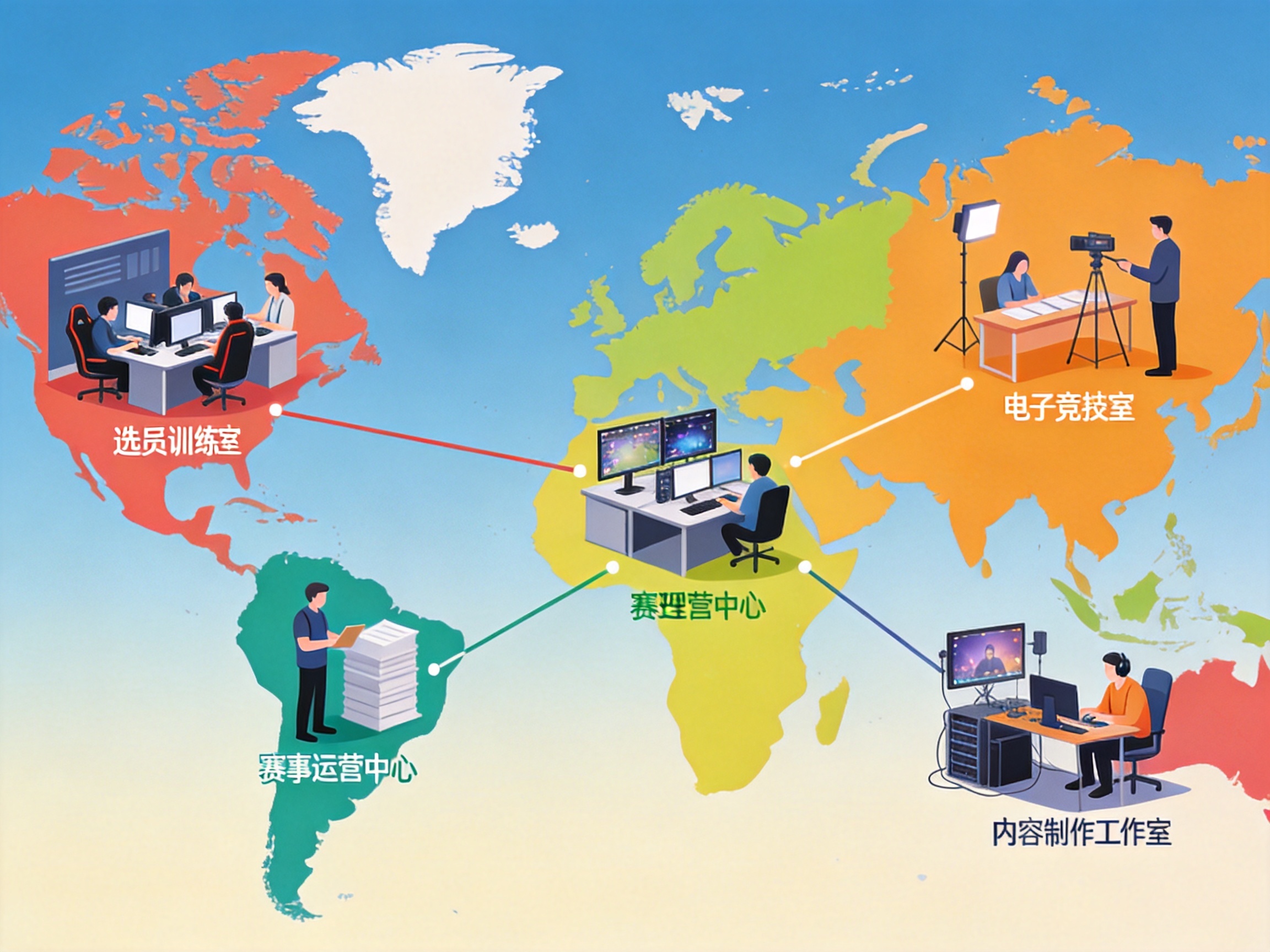 以世界地图为背景的全球电子竞技赛事区域分布概念图